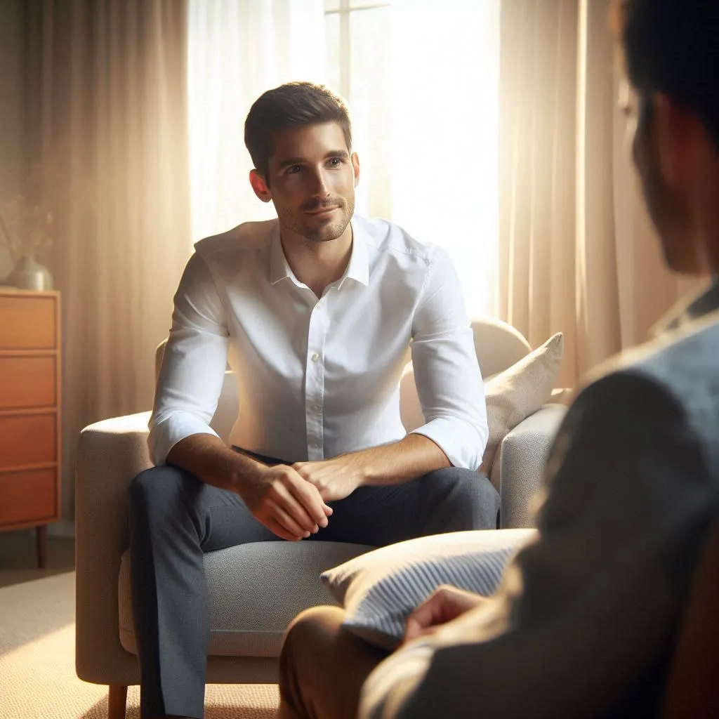 CBT for anxiety near me in Baltimore and Maryland: A professional male therapist in his 30s engaging with a client in a cozy therapy office