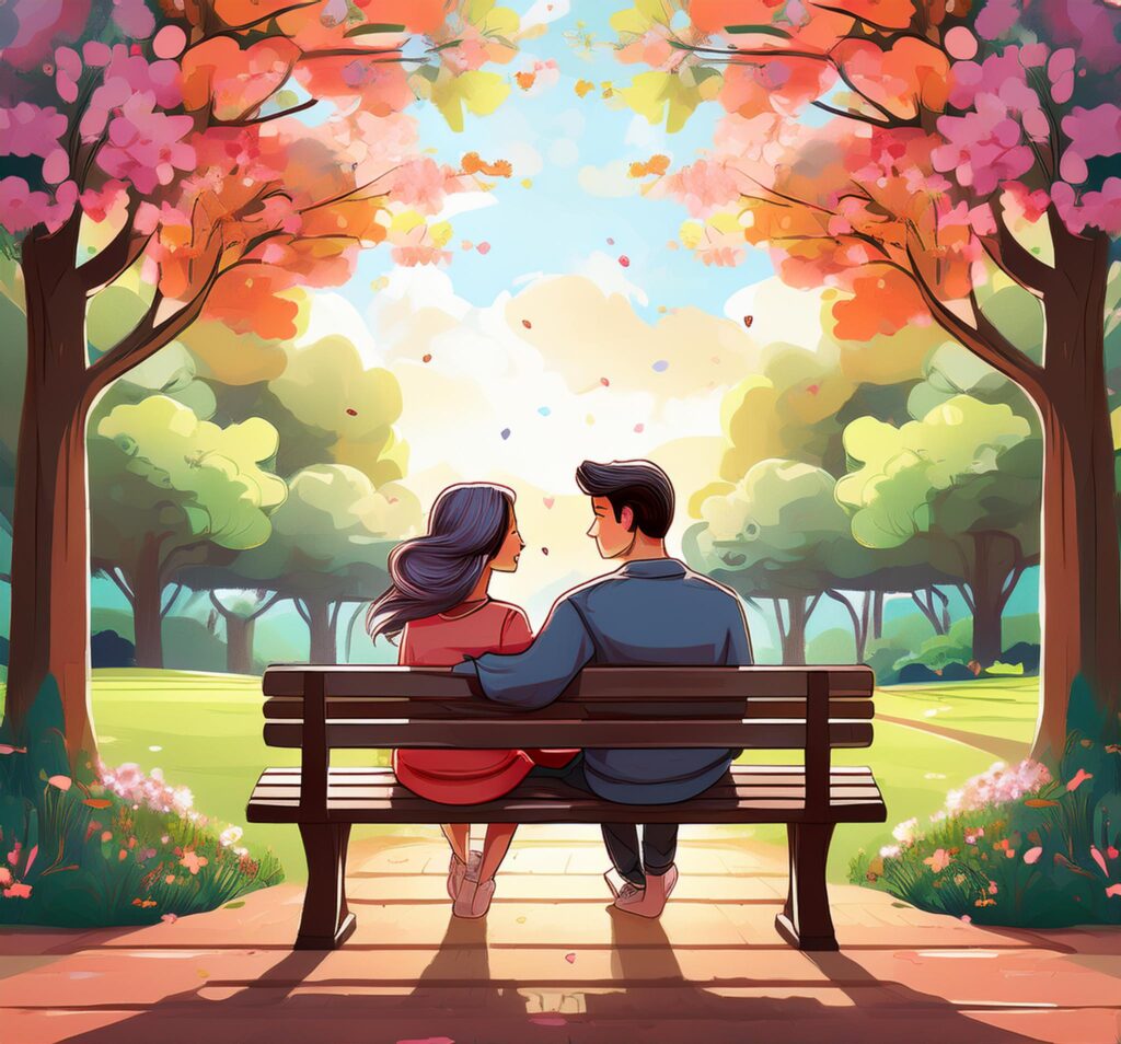 A couple sitting peacefully on a park bench, representing learning how to stop ROCD thoughts and find peace in a relationship