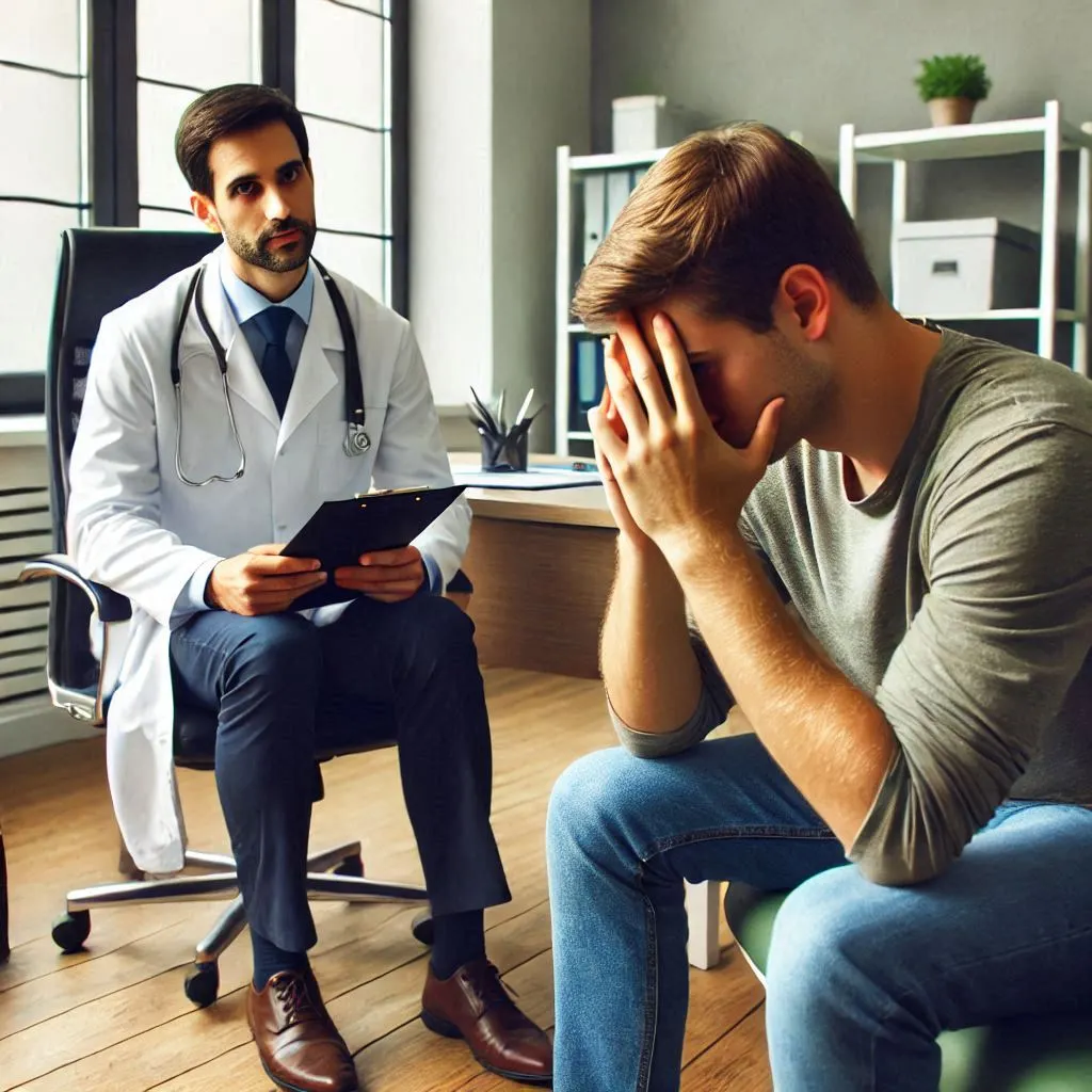 Doctor calmly and confidently managing a patient with health anxiety during a conversation in an office, offering reassurance and support.